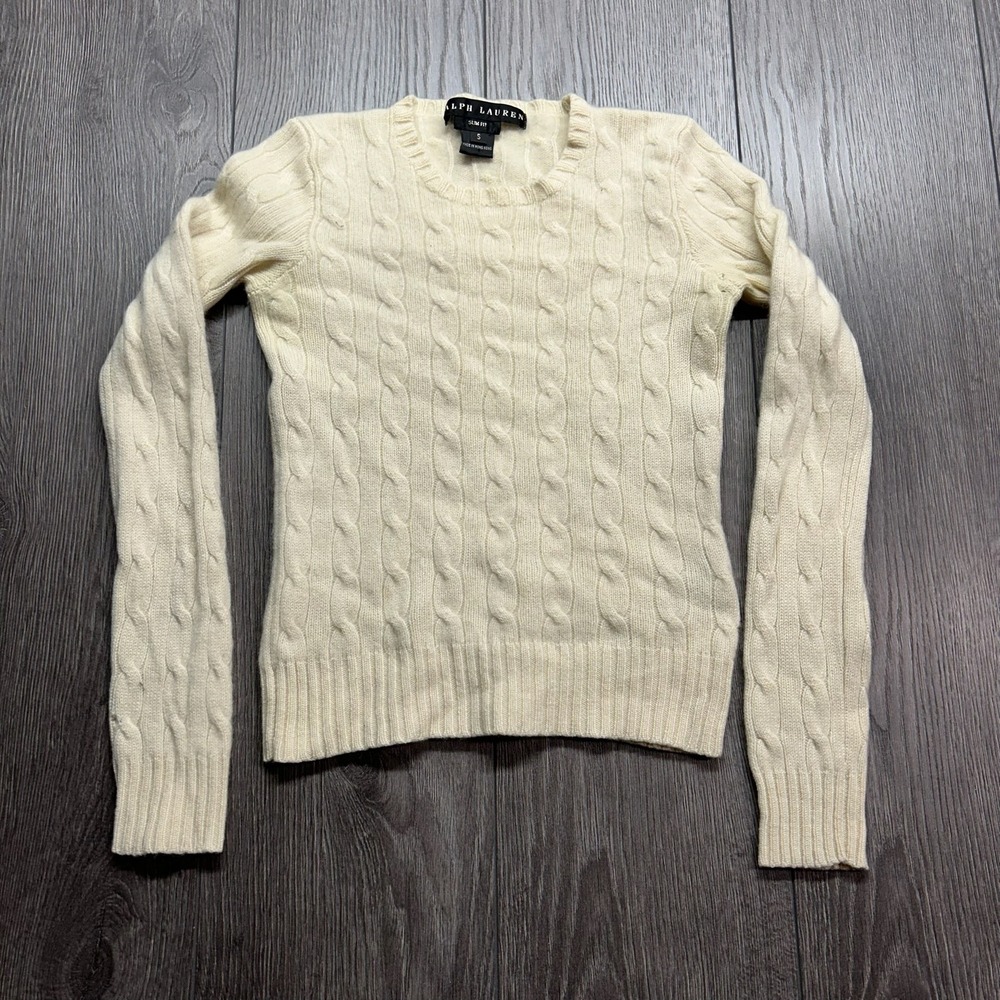 Ralph Lauren Slim Fit Cable Knit Black Label Cashmere Sweater Cream Women Small